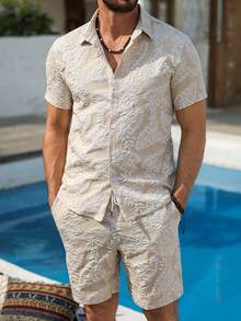 VENTUSAIL Men's 2 Pieces Set Beige,Summer,Boho,Vacation,Holiday Tropical Leaf Pattern Short Sleeve Button Down Shirt & Shorts,Casual Beach Resort Wear Outfit - Khaki - View 4