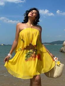 Sunnyshic 性感雪纺镂空露背吊带音乐节连衣裙 - 黃色 - 查看 5