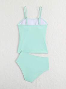 SHEIN Girls Striped Two Pieces Tankini Swimsuit - Green - View 2