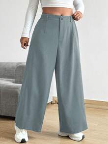 Vionelle Plus Size Casual Versatile Loose Solid Color Wide Leg Pants - Grey - View 3