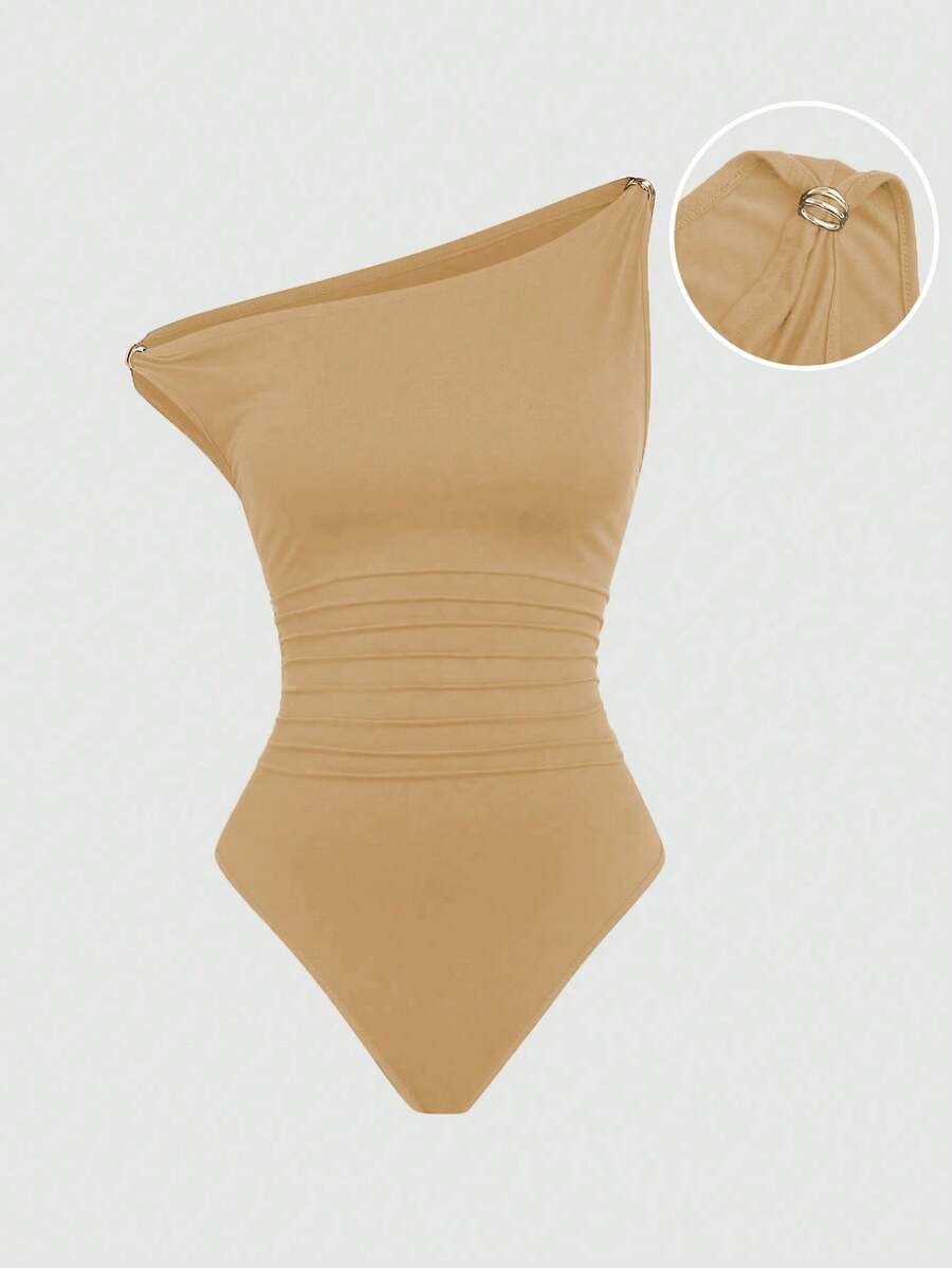 Sweetra Plus Size Women's Solid Color Asymmetric Shoulder Casual Bodysuit With Metal Decor And Ruffle, Fitted Bodysuit - Brown - View 1