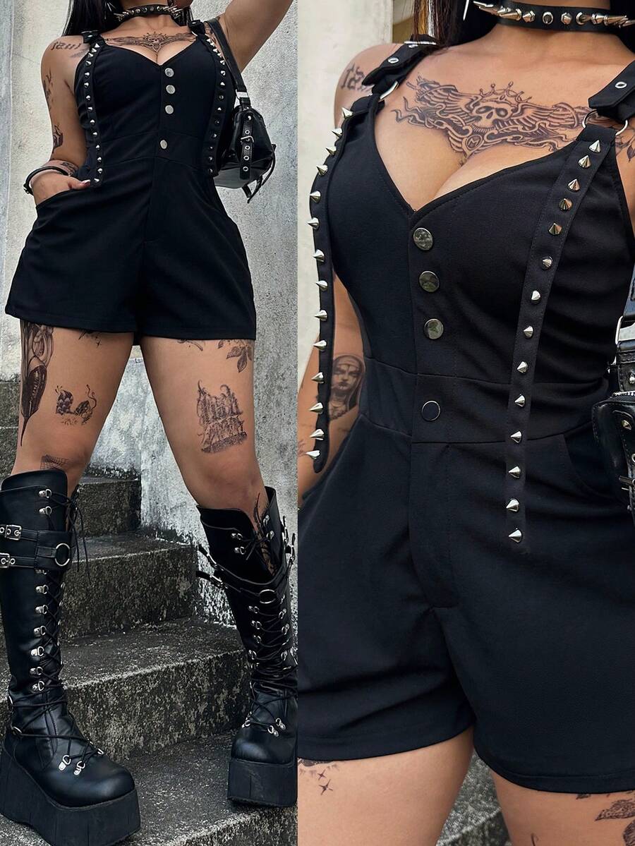 Whyspr Mono casual de uso diario con decoración de remaches para mujer de talla grande - Negro - Ver 1