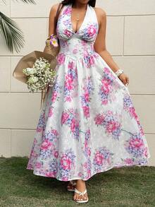 Sunnyshic Plus Size Elegant Vacation Rose Floral Embroidered Halter Dress, Spring/Summer - Pink - View 8