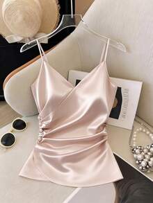 Balvessa Women V-Neck Pleated Waist Camisole - Champagne - View 3