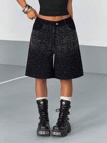 StreetHx Women's Pocketed Rhinestone Embellished Wide Leg Loose Bermuda Denim Shorts - Black - View 6