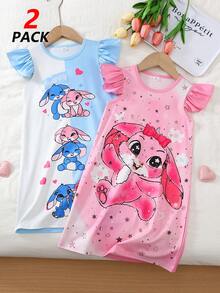 Cute Elegant Casual And Comfortable Cartoon Rabbit Pattern Ruffled Sleeve Crew Neck Dress For Toddler Girls Set Set Of 2 Summer Sweet Girly Style Cute And Comfortable 2026 New Resort Atmosphere Relaxed And Comfortable Girl Outfit Set Girls' Children's Clothing - Multicolor - View 1
