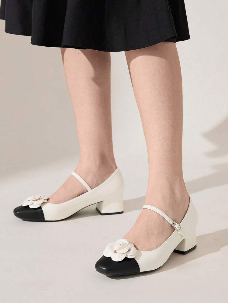 CUCCOO CHICEST Beige Floral Decor Chunky Heel Women Fashionable High Heel Pumps Summer Shoes Summer Break Easter Prom Heels For Christmas Elegant Shoes Wedding Shoes Summer Shoes Bride Shoes