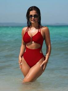 SHEIN Swim 女士露背吊带性感连体泳衣 - 紅色 - 查看 4
