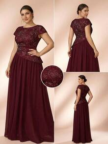 Serin 大码优雅浪漫酒红色奢华提花雪纺喇叭连衣裙，适合婚礼、派对、度假、舞会、新娘母亲正式礼服等场合。 - 酒紅色 - 查看 7