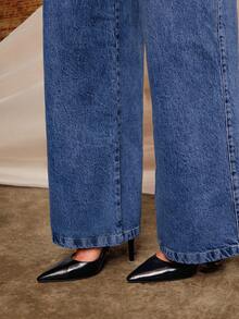 Daynim Quần jeans ống rộng cạp cao không thắt lưng - Rửa trung bình - Xem 6