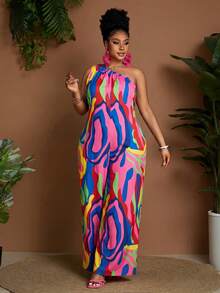Maweii Combinaison ample à épaules asymétriques et jambes larges pour femmes grandes tailles - Multicolore - Voir 6