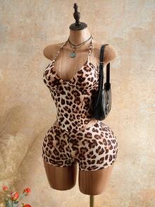 Mistrie Women's Leopard Print Halter Neck Tank Top And Shorts 2 Pieces Fitted Set - Multicolor - View 1