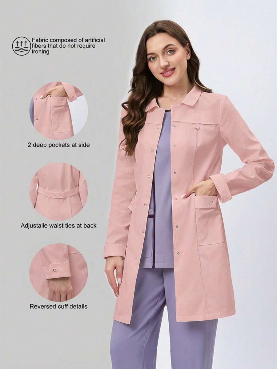 Scrubzie Anti-Wrinkle Long Sleeve Shirt Collar Multi-Pocket Women's Scrub Uniform Jacket - Pink - View 1