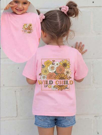 SHEIN Camiseta de manga corta con cuello redondo, estampado de letras y flores, de uso casual y versátil para uso diario para niña
