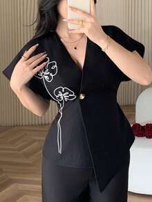 Feyla 女士优雅百搭裹身短袖西装外套 - 黑色 - 查看 5