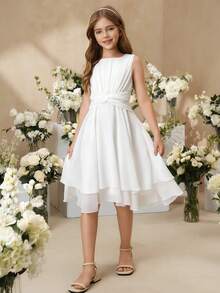 SHEIN Đầm midi không tay màu tím nhạt thanh lịch, xinh xắn dành cho bé gái, thích hợp cho tiệc tùng, lễ hội, các dịp trang trọng, bé gái cầm hoa, sinh nhật, biểu diễn. - trắng - Xem 5