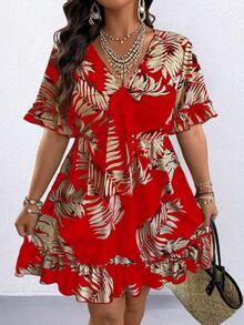 Plus Size Casual Vacation Floral Print Ruffle Hem Dress - Red - View 5