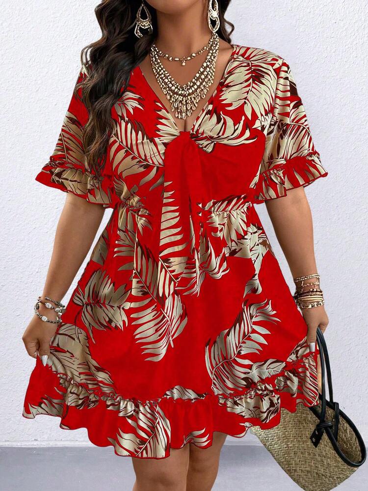 Rometta Plus Size Casual Vacation Floral Print Ruffle Hem Dress - Red - View 5