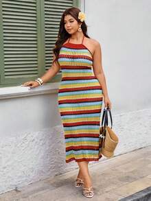 Breezaya Rainbow Knit Halter Neck Dress,Red And Gold,Summer,Boho,Vacation,Holiday Gradient Color Decor Fresh Eye-Catching Long Cut Slim Spotlight Outfit - Multicolor - View 7