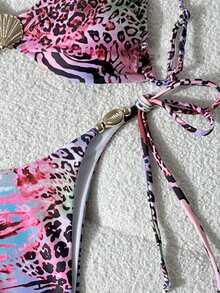 Swim Vcay Conjunto de bikini con Top con estampado animal y Bottom con tiras laterales en triángulo para mujeres, verano - Multicolor - Ver 4