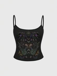 Áo tank top hai dây gợi cảm, cỡ lớn, họa tiết thiên nhiên bí ẩn, Gothic, bướm, mặt trời, mặt trăng và các vì sao, với dây đeo mảnh, họa tiết thiên nhiên, hình ảnh bướm, mặt trời, mặt trăng và các vì sao. - màu đen - Xem 1