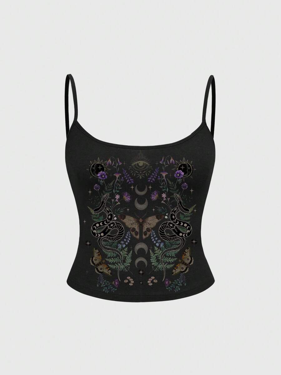Áo tank top hai dây gợi cảm, cỡ lớn, họa tiết thiên nhiên bí ẩn, Gothic, bướm, mặt trời, mặt trăng và các vì sao, với dây đeo mảnh, họa tiết thiên nhiên, hình ảnh bướm, mặt trời, mặt trăng và các vì sao. - màu đen - Xem 1
