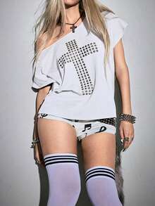 ROMWE Grunge Punk Y2K Punk Cross Rivet Design Laser Cut Loose Plus Size Women T-Shirt, Solid Color Versatile Gym Brown Summer - White - View 8