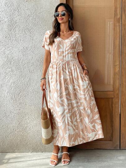 EMERY ROSE Vestido casual de mujer con bolsillo y manga corta con estampado de plantas para vacaciones