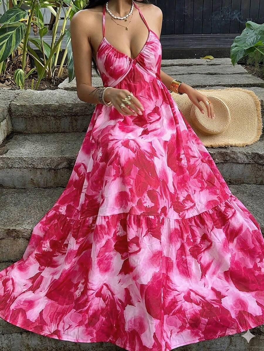 Breezaya 女士浪漫印花褶皱抽绳吊带露腰飘逸连衣裙，适合度假、约会和日常穿着 - 粉色 - 查看 1