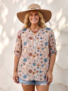 EMERY ROSE 大码女式早春七分袖印花衬衫，夏季女装，春季女装，夏季度假装，休闲女式衬衫，碎花女式上衣，波西米亚风女式衬衫，波西米亚风女式衬衫，夏季女式衬衫，夏季女式上衣，西部风夏季上衣，夏季女式上衣，夏季女式衬衫，夏季女式上衣和衬衫，休闲女式衬衫，夏季女式束腰上衣，休闲女式衬衫，束腰长款上衣 - 彩色 - 查看 1