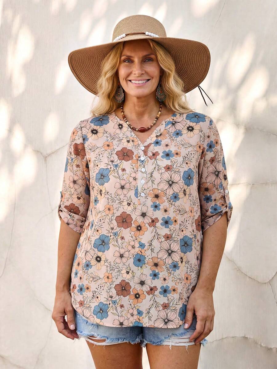 EMERY ROSE 大码女式早春七分袖印花衬衫，夏季女装，春季女装，夏季度假装，休闲女式衬衫，碎花女式上衣，波西米亚风女式衬衫，波西米亚风女式衬衫，夏季女式衬衫，夏季女式上衣，西部风夏季上衣，夏季女式上衣，夏季女式衬衫，夏季女式上衣和衬衫，休闲女式衬衫，夏季女式束腰上衣，休闲女式衬衫，束腰长款上衣 - 彩色 - 查看 1