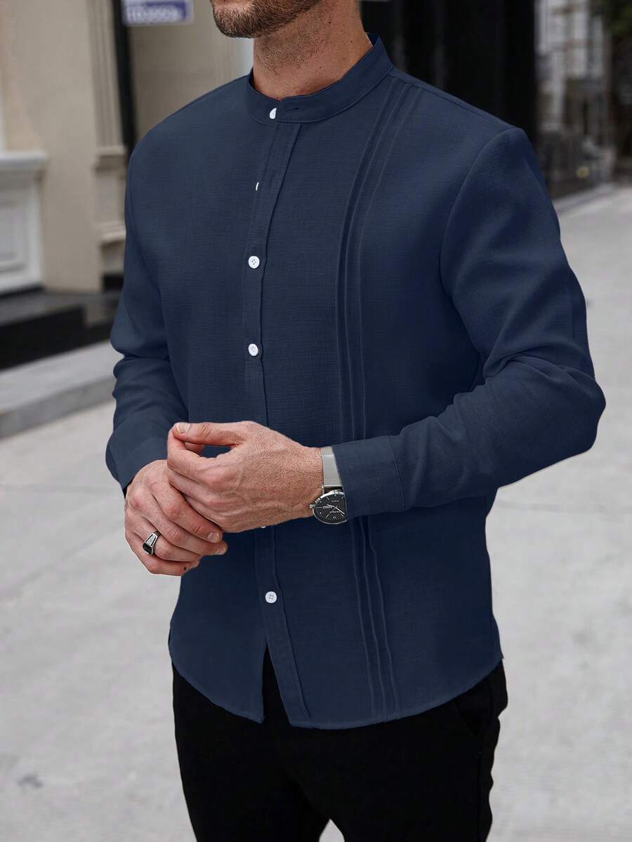 Manfinity Homme 男士純色長袖單排扣百褶休閒襯衫,正式款 - 藏蓝色 - 查看 1