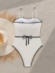 Swim Chiccia 女士夏季沙滩复古黑白撞色花蕾工艺罗纹连体泳衣细肩带珍珠腰带修身度假泳装 - 白色 - 查看 7