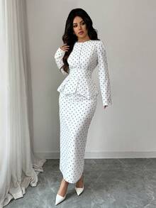 SHEIN Tall Women's Elegant Pearl Button Blouse + Split Hem Skirt 2 Pieces Set - White - View 6