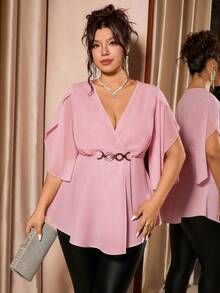 Cravure Blus Fashion Elegan Lengan Ruffle dengan Hiasan Rantai Pinggang untuk Wanita Ukuran Plus - Dusty Pink - View 4