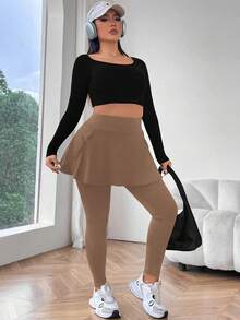 Vionelle Plus Size Solid Color Minimalist High Stretch Leggings, Everyday Wear - Apricot - View 6