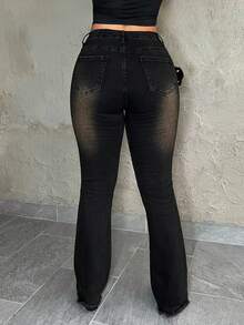 Dayanna Comas Quần jeans ống loe cạp trễ dành cho nữ có khóa cài hình mặt trời và lỗ xỏ dây, màu đen - màu đen - Xem 2