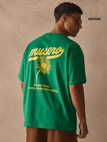 Musero Luźna koszulka z okrągłym dekoltem i krótkim rękawem, obniżonymi ramionami, z nadrukiem kwiatowym na plecach i dużym nadrukiem graficznym, wiosenno-letnim niezbędnikiem