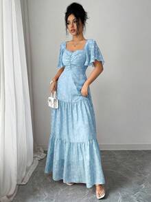 Modelyn Đầm chiffon jacquard cổ vuông, viền bèo nhún dành cho nữ, kiểu dáng lãng mạn và thanh lịch. - Màu xanh lam - Xem 4
