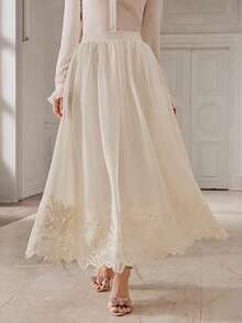 Anewsta Spring/Summer New Elegant Valentine's Day Beach Vacation Casual High Waist A-Line Lace Embroidered Women Long Pants & Skirt - Apricot - View 4
