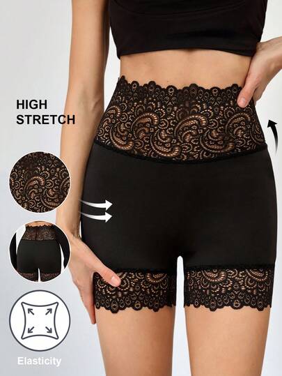 SHEIN Tall Contrast Lace High Waist Biker Black Short Shorts Black Shorts For Women Women's Lace Shorts