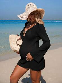 Swim Vcay 26SS Summer Beach Vacation Knit Shell Cover-Up For Pregnant Women - Black - View 6