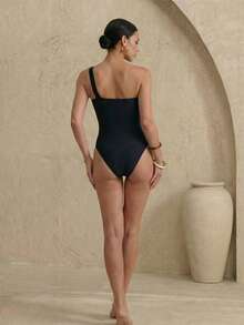 Anewsta 纯色单肩修身连体泳衣，适合游泳、度假、夏季海滩 - 黑色 - 查看 2
