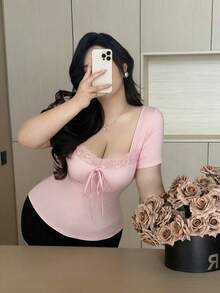 Vibekara Spring, Summer, Fall Bow Elegant Lace Patchwork Crew Neck Short Sleeve T-Shirt, Sexy Casual Top For Dates And Gatherings - Pink - View 5