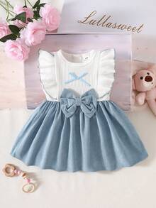 新生女宝宝白色无袖蕾丝领拼接粉色蝴蝶结连衣裙，新款优雅复古可爱面料舒适 - 藍色 - 查看 9