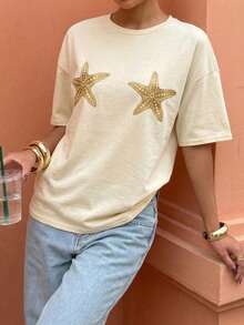 SHEIN LUNE 1pc Women's Gold Starfish Print Loose Round Neck T-Shirt White Summer Casual Sexy Graphic Vacation Holiday Beach Golf Outdoor Wear Spring Starfish Tee - Apricot - View 3