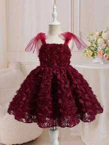 Đầm dự tiệc dây mảnh thanh lịch họa tiết hoa cho bé gái - Màu Đỏ Sâu - Xem 3