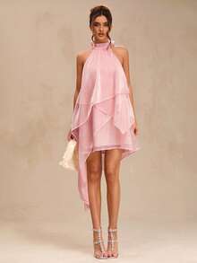 SHEIN BAE 纯粉色露背吊带雪纺A字连衣裙，适合春夏度假、海滩、优雅婚礼宾客等场合，露背设计，适合度假、夏季假日穿着，女士度假装扮，优雅女士连衣裙，粉色吊带荷叶边下摆连衣裙 - 粉色 - 查看 6