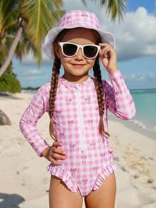 SHEIN Emery Rose Kids Bộ đồ bơi liền thân dài tay in hình bướm kẻ caro cho bé gái (kèm mũ), bộ đồ bơi cho bé gái, trang phục đi biển cho bé gái, bộ đồ bơi dài tay chống nắng cho bé gái thích hợp cho kỳ nghỉ, đồ bơi cổ tròn có khóa kéo mùa hè. - Hồng - Xem 3