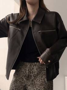 DAZY Jaket Lengan Panjang Wanita Warna Polos dengan Resleting, Kasual, Serbaguna untuk Pemakaian Sehari-hari, Musim Panas - Coffee Brown - View 5